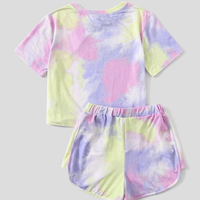 Ensemble de shorts pour femmes à prix bas avec logo personnalisé, tie-dye, 100% coton, taille plus, décontracté, été, 2 pièces, séchage rapide, respirant