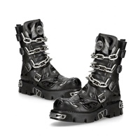 Bottes vintage en métal avec rivets et chaînes, style punk rock, en cuir véritable, unisexe, à semelle épaisse, à lacets et fermeture éclair latérale