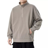 Sweater Fleece Polar Kerah Tegak Santai Model Longgar dengan Ritsleting Seperempat dan Bordir Chenille, Pullover Musim Dingin