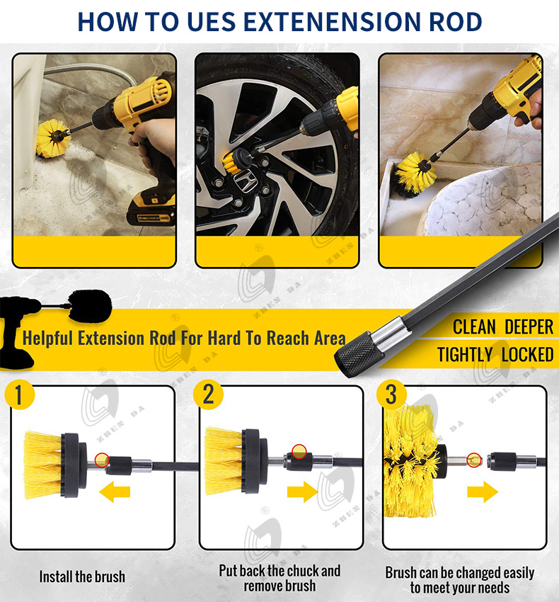 Car Cleaning Detailed Drill Scrubber Brushes With 2.5" Tapered Brush