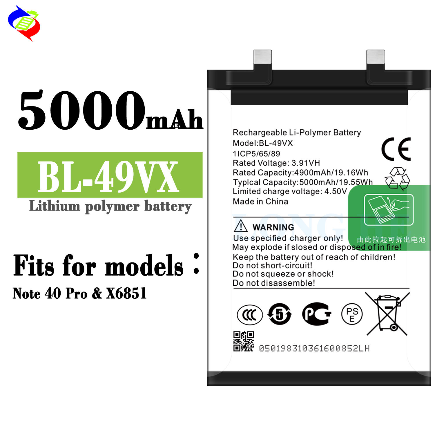 For Infinix Tecno Lifepo4 Battery BL-49VX 5000mAh for Infinix Note 40  Pro X6851 Rechargeable Battery