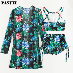 PASUXI New Fashion Printed Three Pieces Women Floral Swimwear Bikini 2024 Modest Luxury Casual Sexy Swimsuits Beachwear