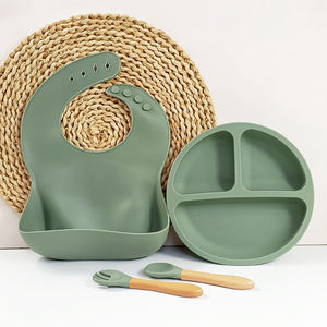Ensemble d'ustensiles <span class=keywords><strong>de</strong></span> repas pour bébé en silicone sans BPA, fournitures <span class=keywords><strong>de</strong></span> sevrage, assiette à ventouse antidérapante, bavoir facilement ajustable - Product Image 1