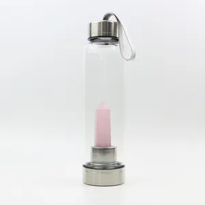 Umwelt freundliche 550ml Creative High Boro silicate Kristall Wasser flasche mit Edelstein Rosenquarz Custom Logo Edelstahl Deckel