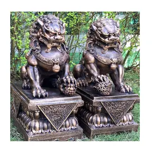 Large Wealth Porsperity Pair of Fu Foo Dogs Guardian Lion Statue Antique Bronze Chinese Lion Foo Dog Statue