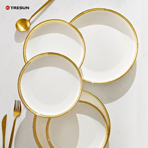 Service de table en porcelaine blanche, assiettes, bols à soupe, assiettes de présentation, vaisselle en céramique de luxe avec bord doré - Product Image 3