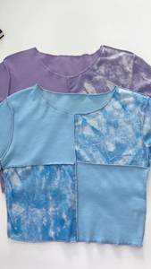 เสื้อครอปเก๋ๆเสื้อยืดมัดย้อมกับงานปะติดเลื่อมเสื้อยืดฤดูร้อนสำหรับผู้หญิงเสื้อผ้าสีม่วงหรือสีฟ้ามีระบายชาย - Product Image 5