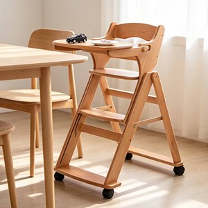 Chaise haute pliable réglable en hauteur pour bébé, chaise pour tout-petit en bois massif avec plateau amovible, chaise de repas rétro en bois pour enfants - Product Image 3