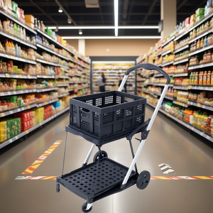 Carrito de compras plegable de 2 niveles con 4 ruedas de PU para uso en supermercados, carrito utilitario plegable con cesta de almacenamiento - Product Image 2
