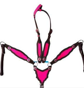 Ensemble d'équipement équestre western personnalisé Pink Gator avec logo, en cuir de vache, bride de cheval gladiateur, harnais, collier de poitrail, rênes - Product Image 1