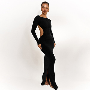 Vestido Maxi sin Espalda con Detalle de Lazo, Manga Larga, Elegante Vestido de Noche, Color Sólido, Cintura Natural - Product Image 3