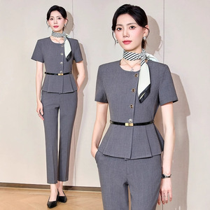 Women's Grey Suit Set Short Sleeve Formal <b>Work</b> Uniform With <b>Belt</b> And Scarf For Office Commuting - Product Image 1