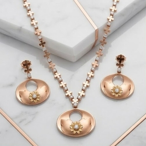 Rose Gold Floral 925 Silver Fine Pendant Necklace <b>Earrings</b> Set for Women <b>Crystal</b> <b>Studded</b> Chain Elegant Fashion Jewelry Party - Product Image 1