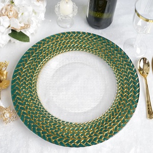 Haute qualité 13 "luxueux vert sarcelle or tressé jante verre chargeur assiettes clair rond chargeur assiettes pour mariage dîner décor - Product Image 1