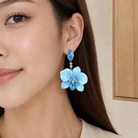 Anting Bunga Enamel Biru Lukis Tangan dengan Zirkon Aquamarine untuk Wanita, Perhiasan Floral untuk Pesta