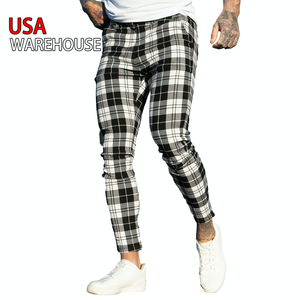 US Warehouse <span class=keywords><strong>Pantalon</strong></span> <span class=keywords><strong>chino</strong></span> slim stretch décontracté à carreaux noir et blanc pour hommes - Product Image 1