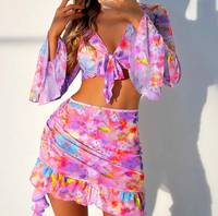 Maillot de bain pour femme, style imprimé, ensemble de bikini à manches longues en quatre pièces - Haut et bas séparés, maillot de bain et robe de plage