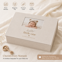 Boîte à souvenirs magnétique en lin pour bébé, boîte de rangement personnalisée avec fenêtre photo, capsule temporelle pour nouveau-né, cadeau de naissance
