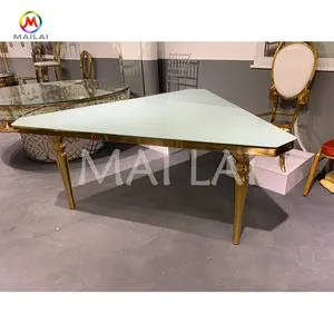 New Ideas Luxury Dining Table Triangle Gold Stainless Steel Mirror Glass Top Wedding Dining Table