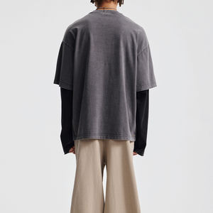 Custom Retro Acid Wash <b>Tshirt</b> Unisex Streetwear Print Graphic Double Layer O-neck <b>Long</b> Sleeve T-shirt for Men - Product Image 3