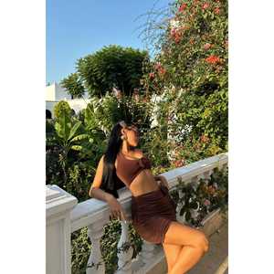 Ensemble jupe en spandex marron avec détail rose, taille empire, motif uni, robe longue débardeur streetwear pour l'été en tissu tricoté - Product Image 6