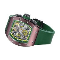 Jam tangan mekanis pria chronusart, jam tangan pria mewah, karbon, Tonneau, lempeng jam mekanis, dengan tangan bercahaya, tali karet hijau
