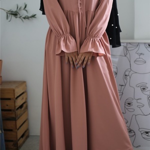 6389# New Coming High Quality Nida Dress Pleated Big Hem Style Cute Buttons Long Sleeve Maxi Dress <b>Islamic</b> Muslim Dresses - Product Image 2