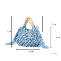 Sac fourre-tout chic coréen en coton crocheté, couleur bonbon, avec poignée en perles de bois et pompon, idéal pour la plage et les voyages, couleurs personnalisables