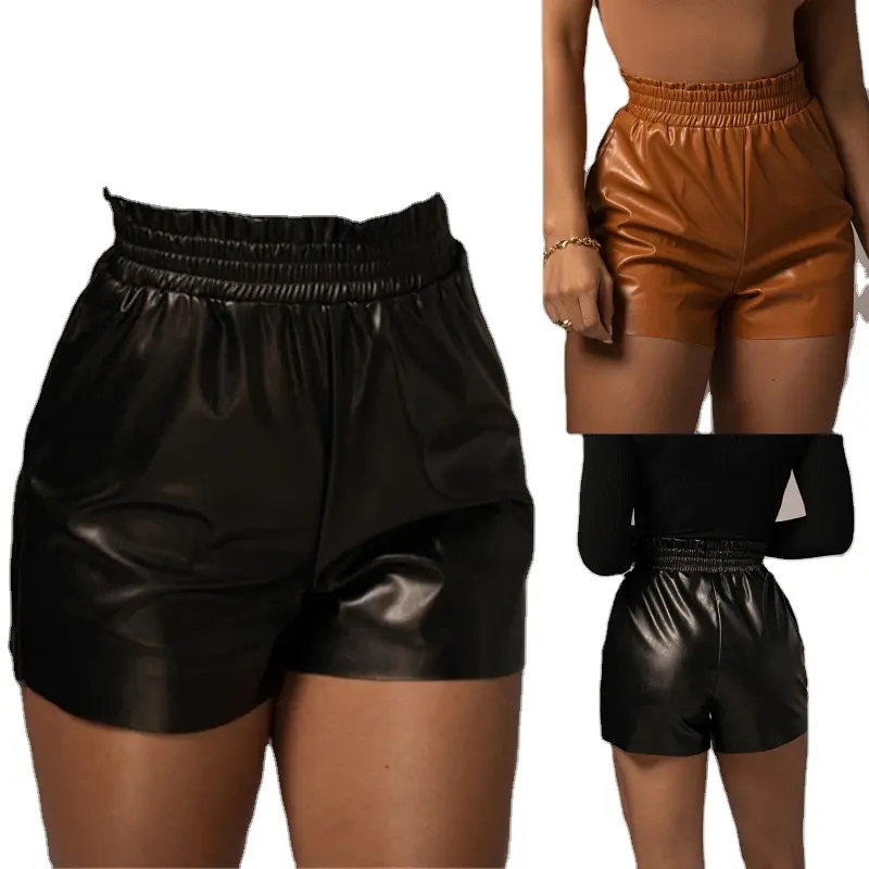 JL818 Fashion High Waist Scrunch Butt Ruffle Booty Shorts Brown Black Color PU Leather Shorts Women PU Shorts