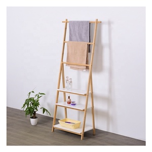 Factory Customized Bathroom Ladder Stand Folding <strong>Towel</strong> Rack Bathroom Shelves Wooden Organizers Rack with 3 Shelves &amp; <strong>Rails</strong> - Product Image 6