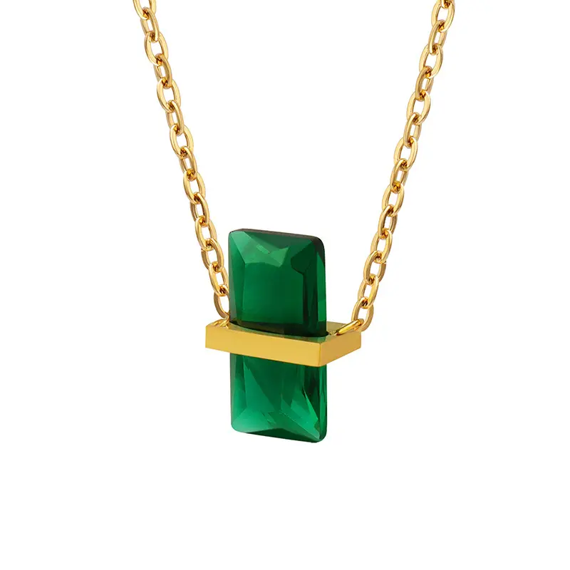 Vintage Rvs 12 Kleur Kristal Geboortesteen Sieraden 18K Real Gold Groene Rechthoek Cubic Zirkoon Hanger Ketting Voor Wome