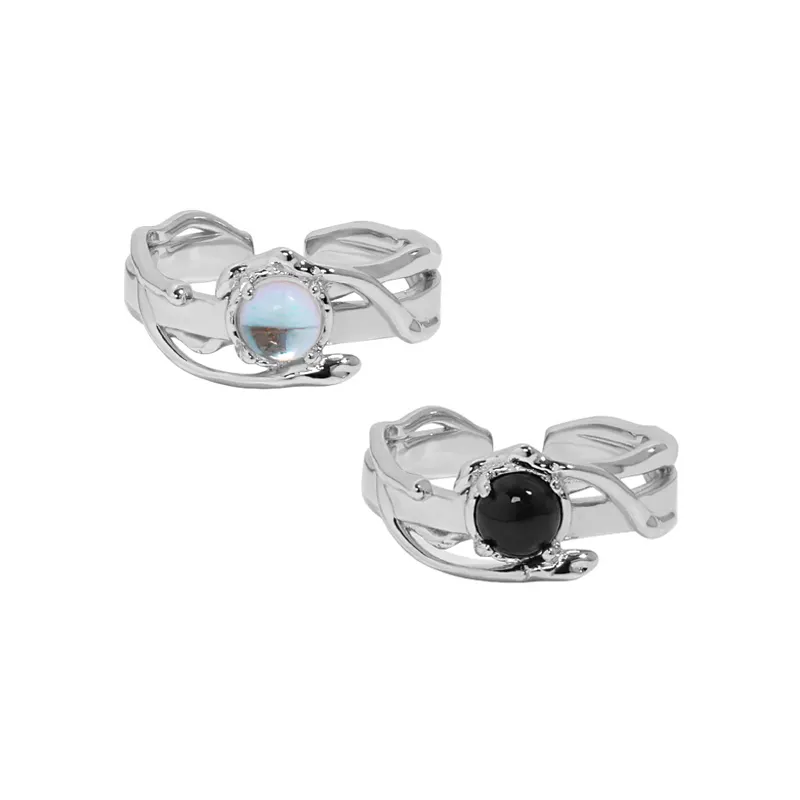 WuQie Black Onyx Rings and Synthetic Moonstone Open Ring 925 Sterling Silver Gemstone Ring