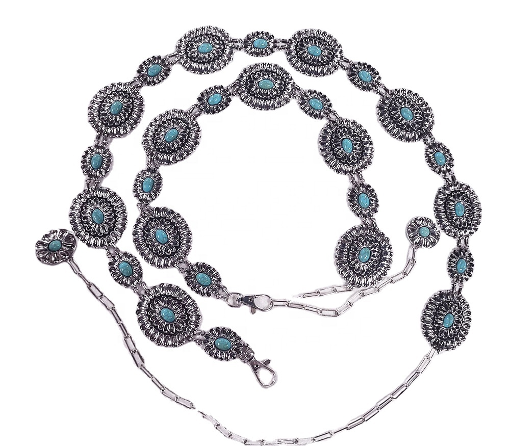 Wholesale mommy and me Elegant belts trendy fashion waist belt Solid Oval Metal Turquoise Concho Belt
