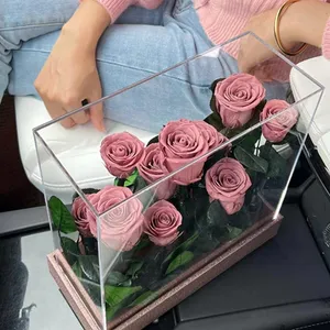 จีนโรงงานสีชมพูกุหลาบดอกไม้กล่องเก็บรักษาไว้ติดทนนานดอกไม้กล่องอะคริลิที่มีโลโก้ที่กำหนดเอง