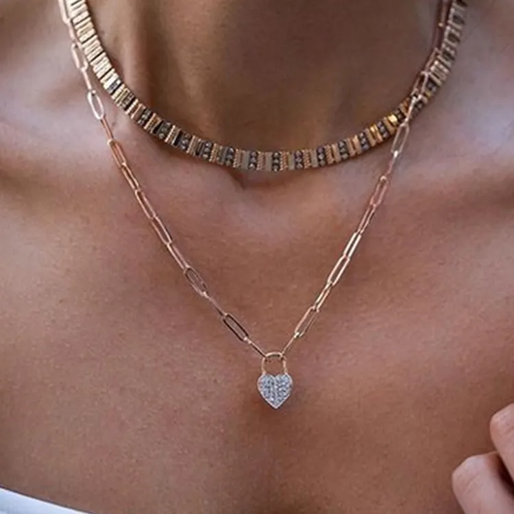 Collar de diamantes con colgante de corazón para mujer, cadena de papel chapado en oro de 18K de acero inoxidable, sin deslustrar