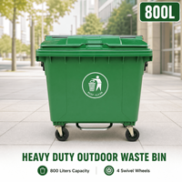 Conteneur à déchets extérieur 800L en plastique HDPE, type induction, haute visibilité, écologique, sécurisé pour les enfants, avec roue de frein et bouchon de vidange