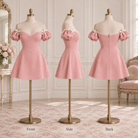 Mini-robe décontractée personnalisée pour femme avec dentelle tissée, nœud appliqué, épaules dénudées, manches bouffantes et coutures style corset, coupe trapèze
