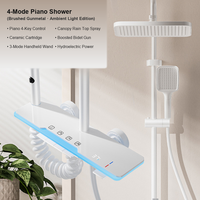 Ensemble de douche mural moderne en aluminium brossé avec pommeau de douche rectangulaire à effet pluie, éclairage d'ambiance et triple commande avec jets de massage en céramique