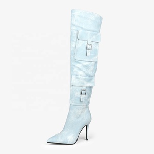 Women Large Size 45 Over Knee <b>Boots</b> Big Pockets Ornament Blue Denim Thigh High Booties Custom Colors Thin Heels Shoes - Product Image 1