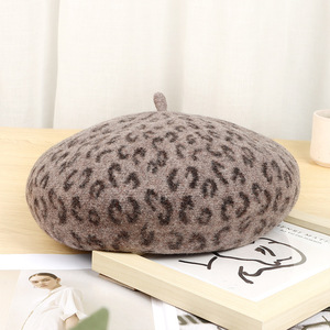 Wool Beret <b>Leopard</b> <b>Print</b> Women Autumn Winter Warm <b>Hat</b> Face Slimming Style - Product Image 3