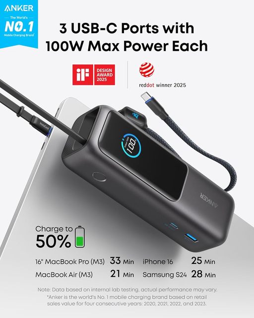 New Anker Laptop Power Bank 25000mAh Portable Charger with Triple 165W USB-C Ports Built-in Retractable Cables Flight-Approved