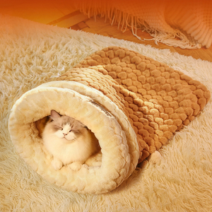 <strong>Pet</strong> Sleeping Bag Cat Bed with Tunnel - Enclosed Plush Rabbit Fur <strong>House</strong> for Winter Secure Hideaway for Cats and Small Dogs - Product Image 1