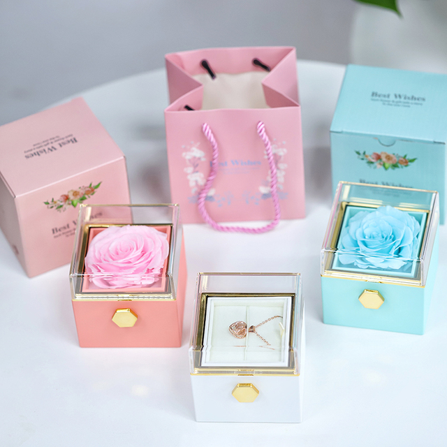 Hot Sale Wedding Ring Box Necklace Storage Box Eternal Rose Acrylic Jewelry Rotating Preserved Flower Gift Box