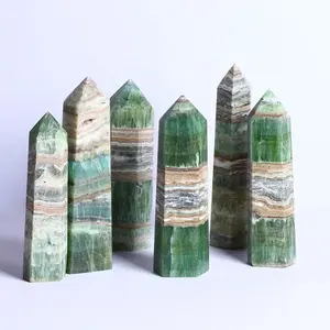Оптовая продажа, изделия из натурального камня, кристаллы, целебные камни, зеленый Карибский кальцит, Хрустальная башня для домашнего декора