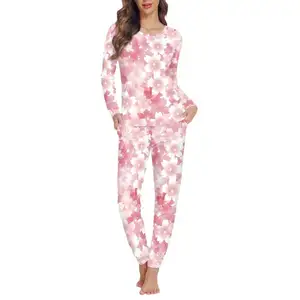 2023 estampado personalizado hermosas flores patrón pijamas de mujer conjunto de dos piezas Casual principios de primavera principios de otoño ropa de dormir trajes