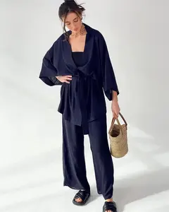 Groothandel Dames Linnen Pyjama Franse Lange Mouw Elastische Katoenen Linnen Losse Kimono Badjas Nachtjapon Pyjama Voor Dames