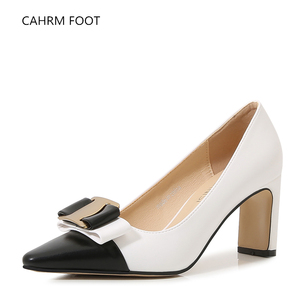 Nuova bocca bassa tacco alto punta a punta francese tacco spesso retrò colore bianco <span class=keywords><strong>e</strong></span> nero abbinato scarpe singole per donna - Product Image 2