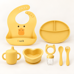 ชุดอาหารเด็กซิลิโคนรูป<span class=keywords><strong>เป็ด</strong></span>แบบ OEM พร้อมชามรูปหัวใจและช้อนส้อมสำหรับขายส่ง - Product Image 1