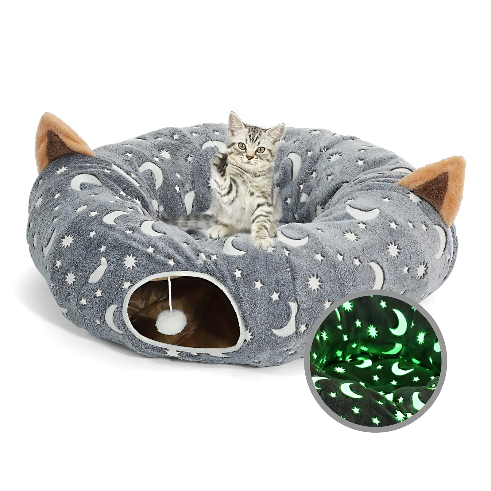 Tube de lit en Tunnel pour chat, 15-3ft, avec coussin et boule en peluche, terrain de jeux froissé repliable, tissu de flanelle auto-éclairé