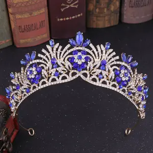 Tiara Mahkota Ratu Kristal Pernikahan Berlian Imitasi Batu Berwarna Putri Gadis Warna Biru untuk Rambut Pengantin